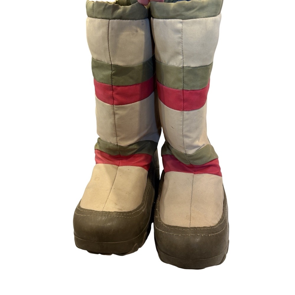 Vintage Snow Boots Women 7/8 Tan Olive Nylon Colorblock Insulated 80s Moon Boot